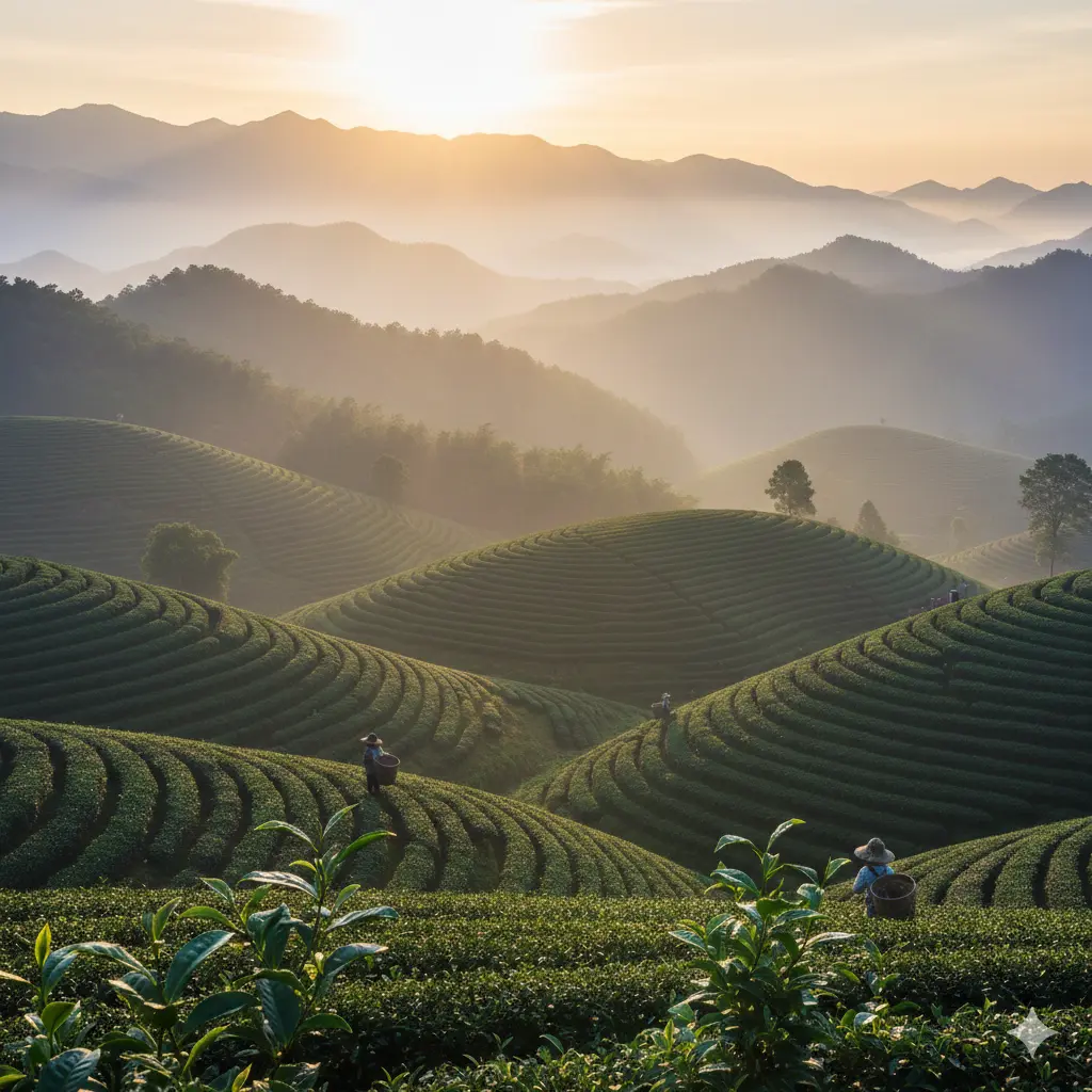 Misty tea plantations on mountain slopes at sunrise