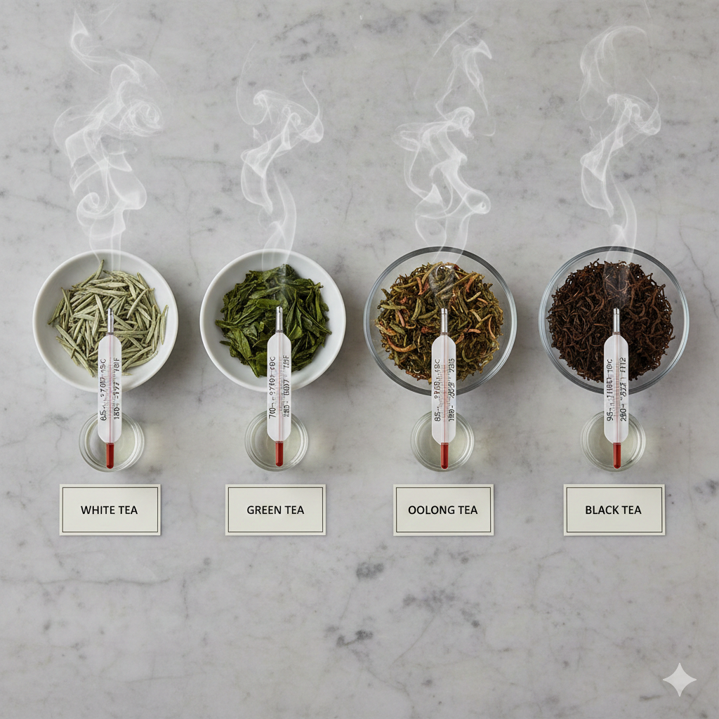 Different tea types with thermometer showing optimal temperatures