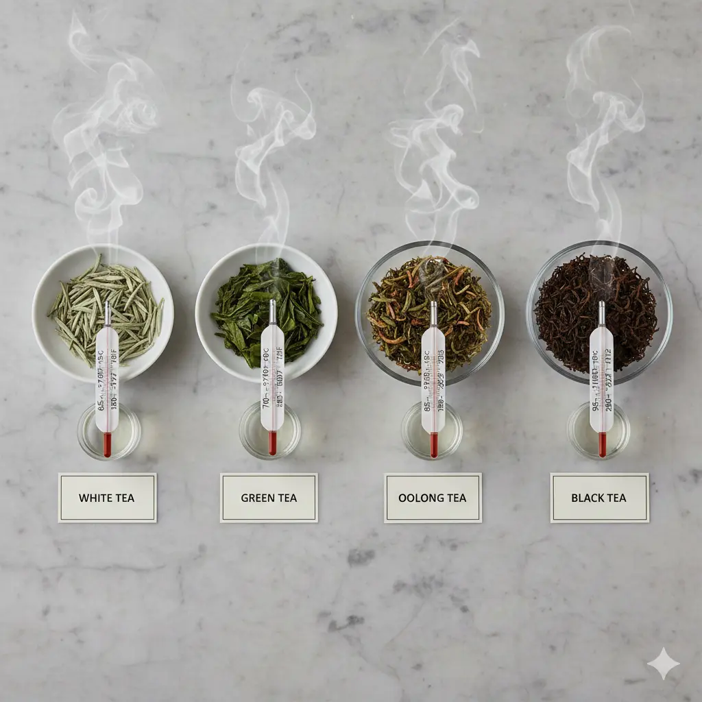 Different tea types with thermometer showing optimal temperatures