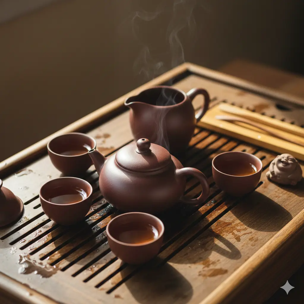 Traditional gongfu tea set with clay teapot and small cups